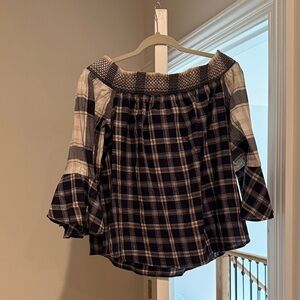 LOFT Navy and Cream Plaid Off-Shoulder Blouse